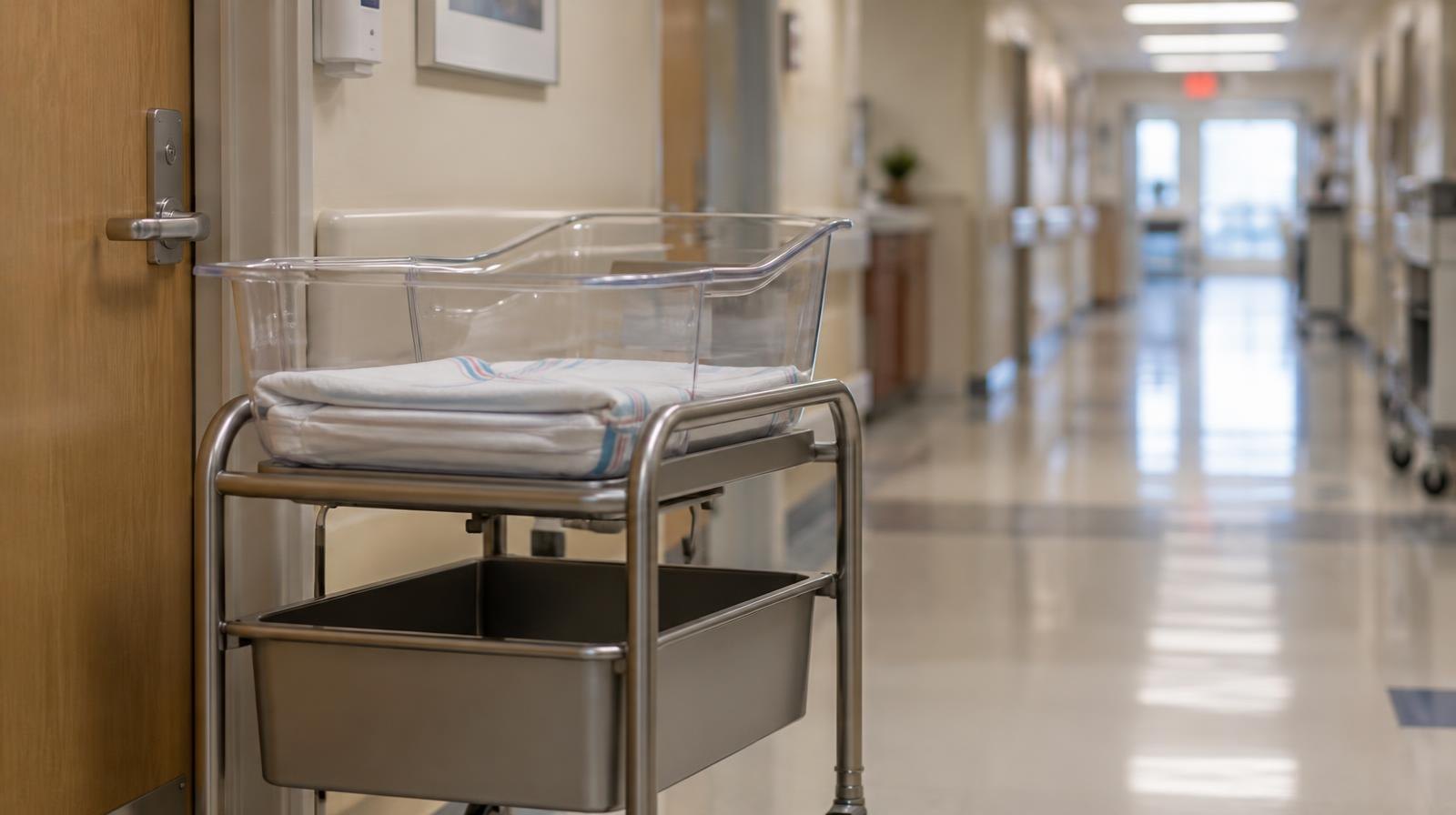 Empty wheeled newborn bassinet parked in a quiet hospital hallway.