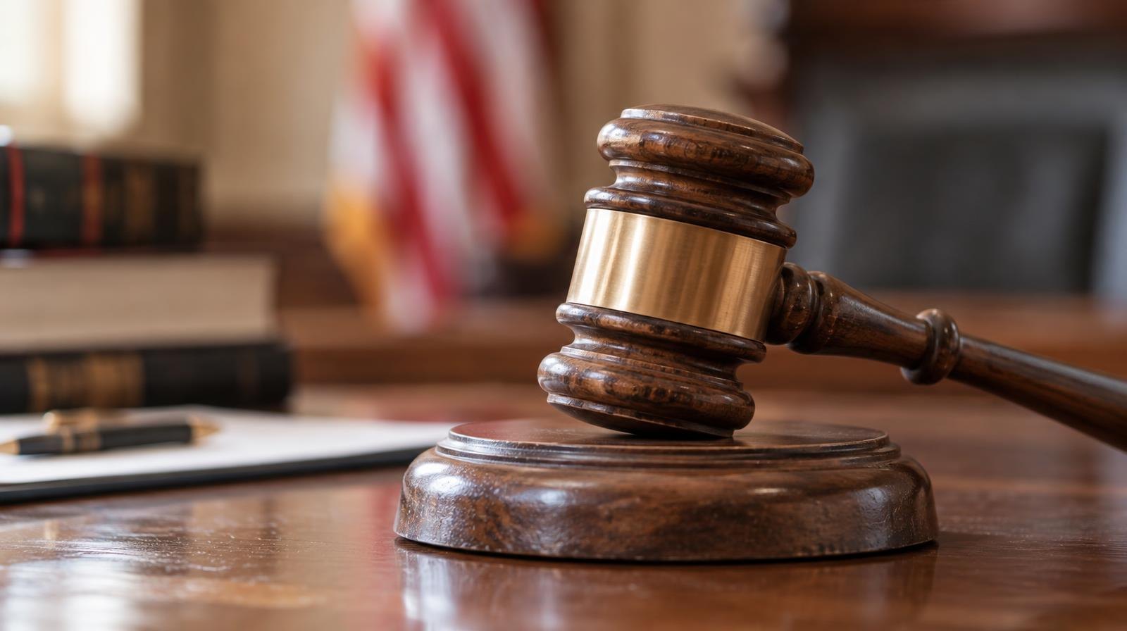 A wooden gavel resting on its sound block on a polished surface.