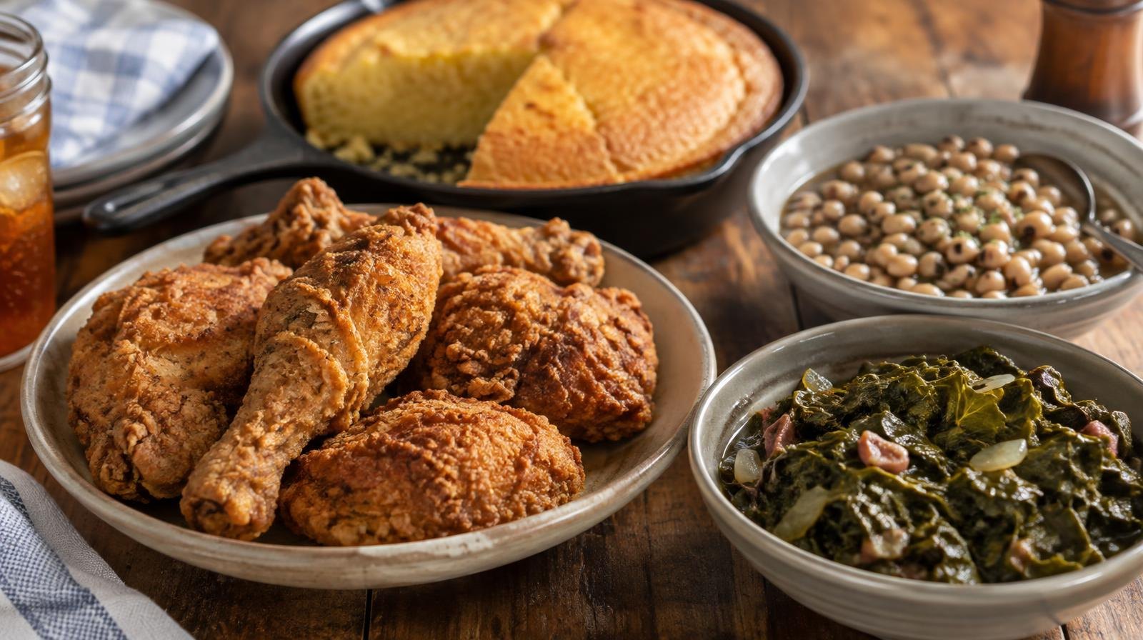 Overhead view of fried chicken, collard greens, black-eyed peas, and cornbread on a wooden table.
