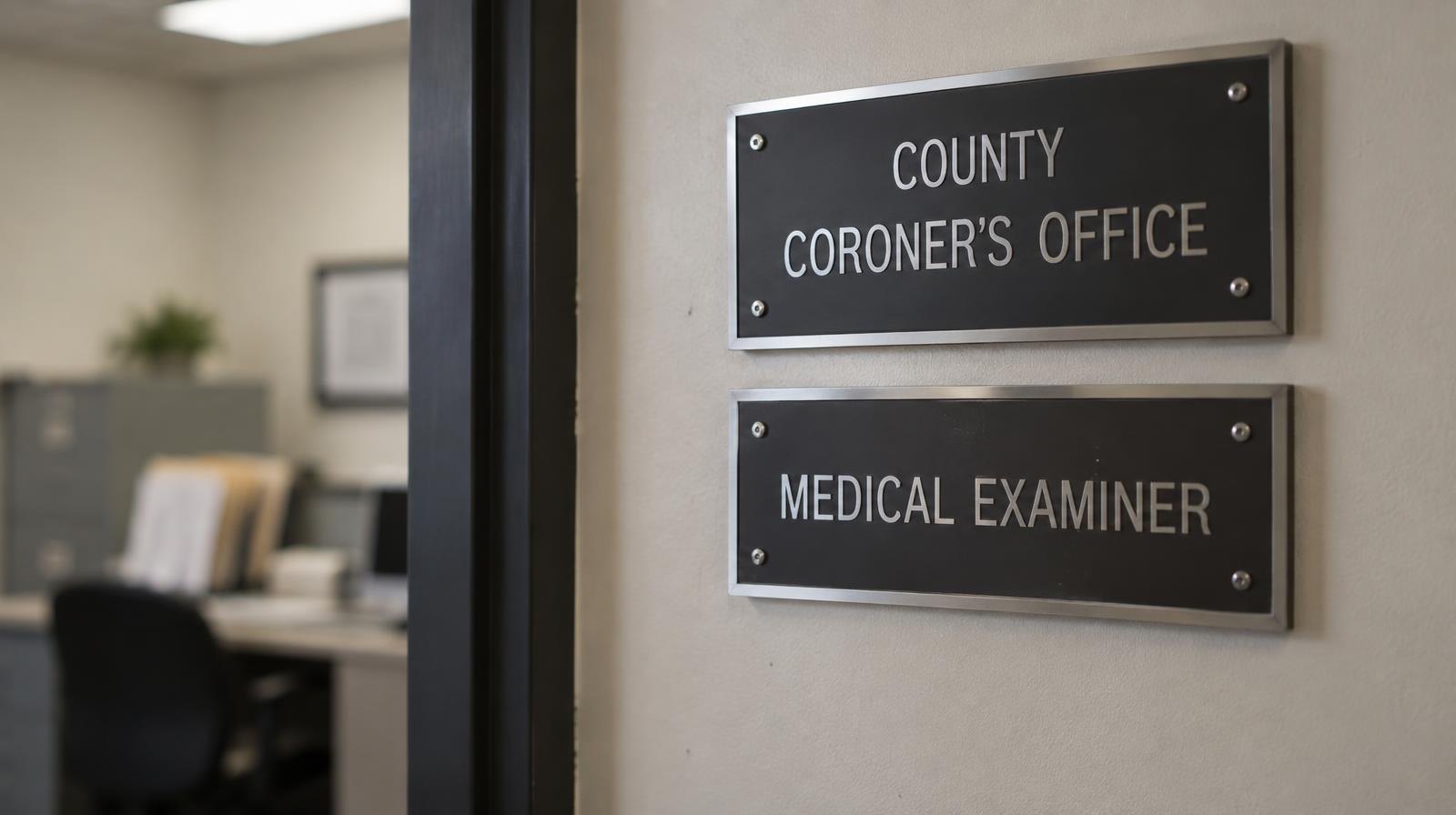 Institutional door placard and nameplate mounted on a wall in a hallway.