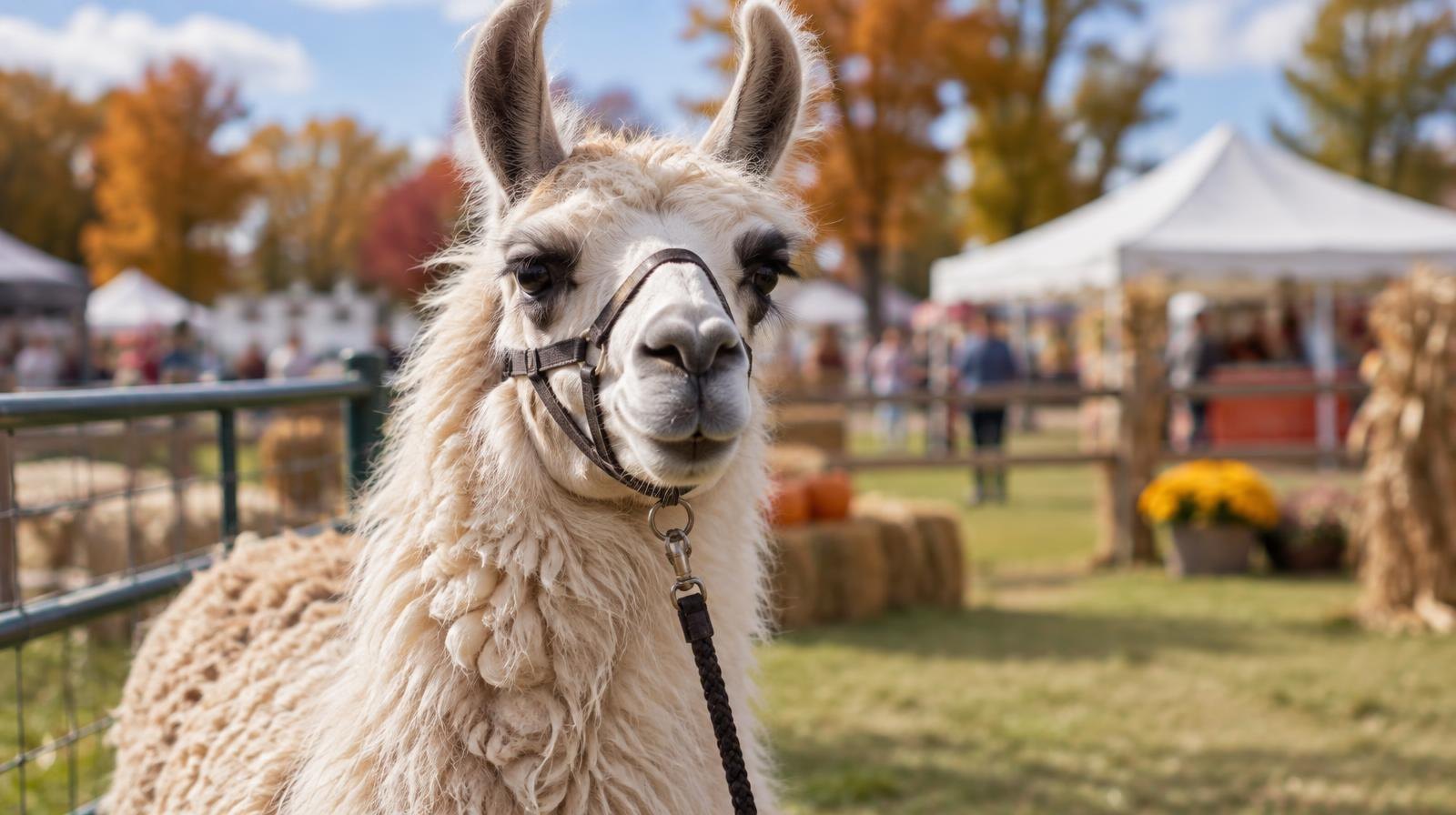 A fluffy llama standing on grass outdoors on a sunny day.