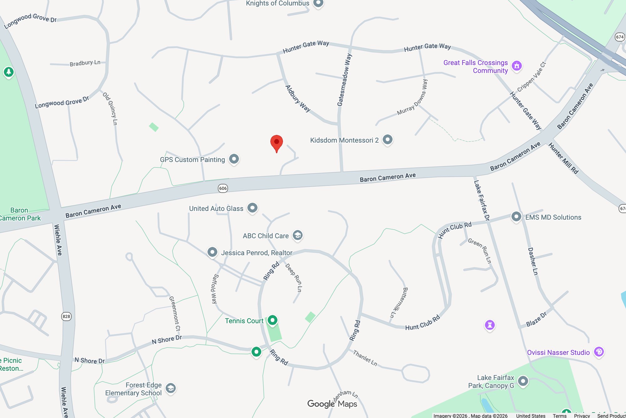 Google Maps view with a red pin marking a property on Baron Cameron Avenue in Fairfax County.