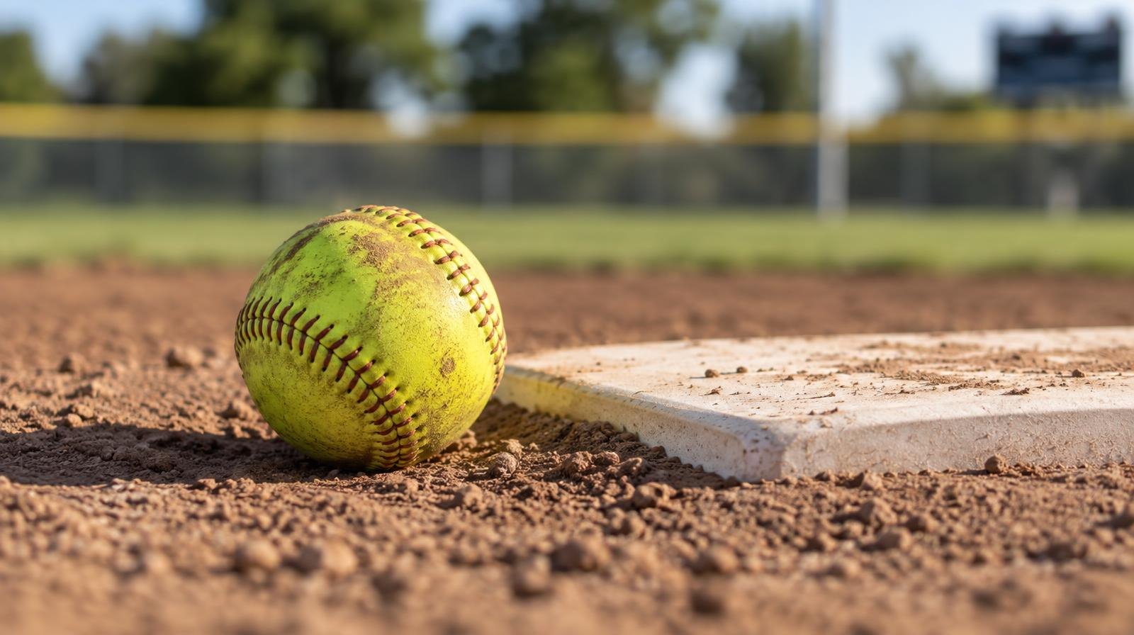 A yellow softball resting on a dirt pitcher's mound beside a white rubber plate.