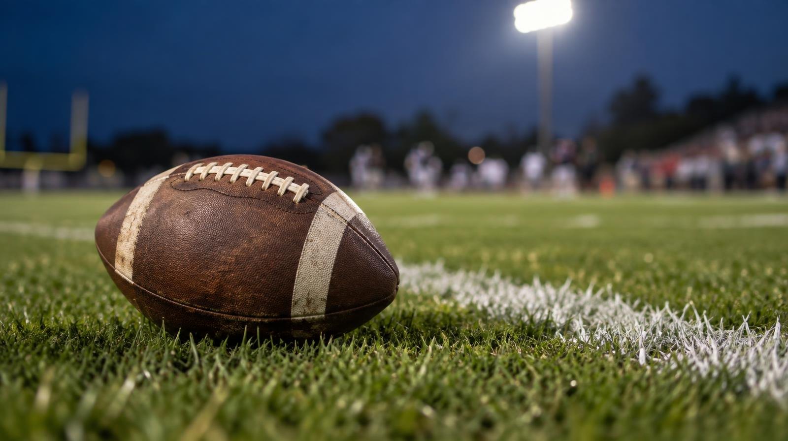 An American football resting on green grass near a white yard line under evening lights.