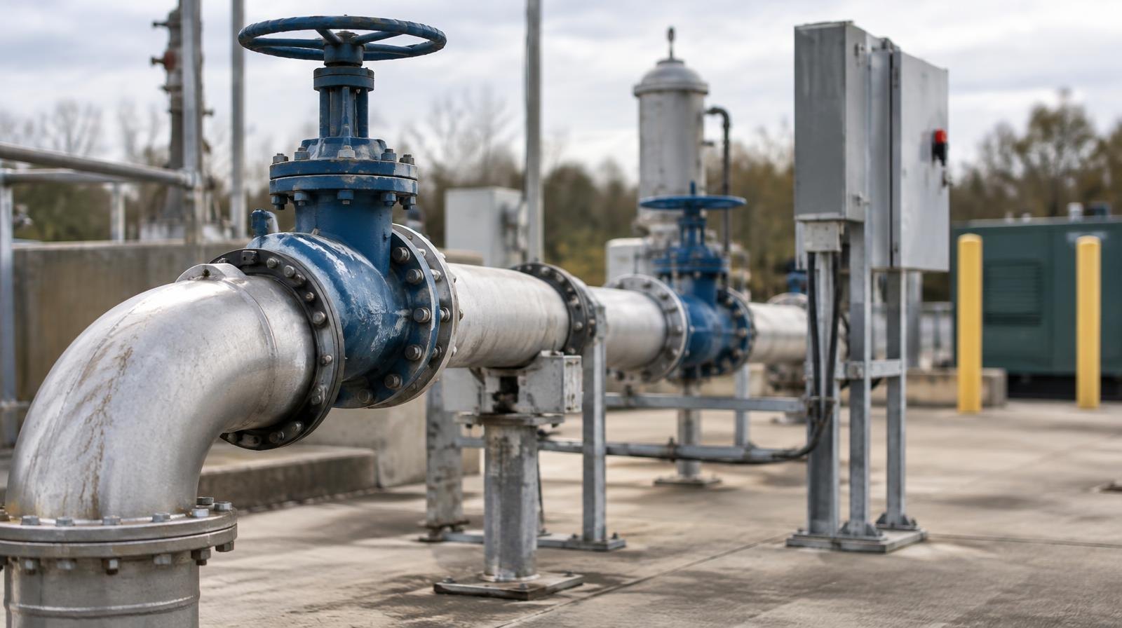 Metal pipes and valves on a concrete pad at a municipal pump station.