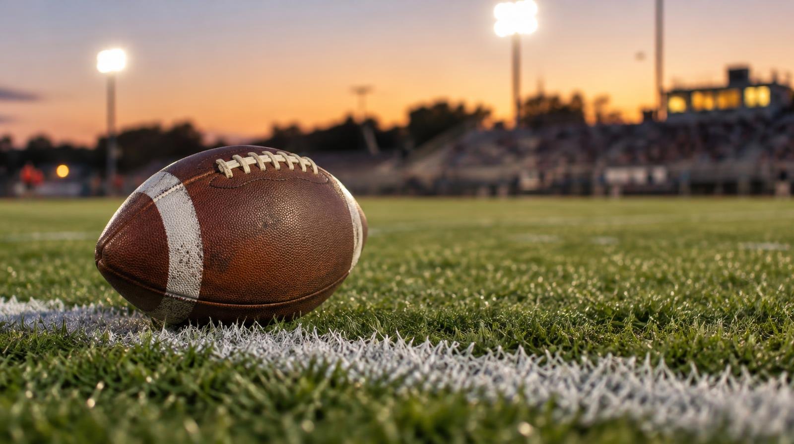 An American football resting on green grass beside a white yard line under warm stadium lighting.