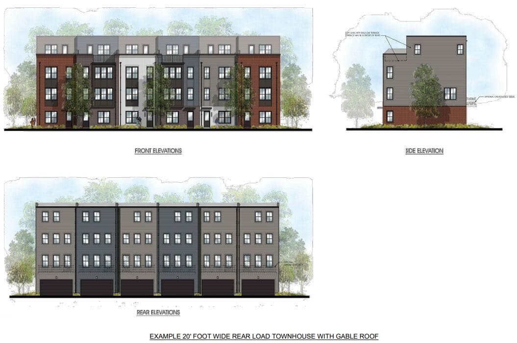 Architectural elevation renderings of proposed four-story brick and panel townhouses showing front, side, and rear views.