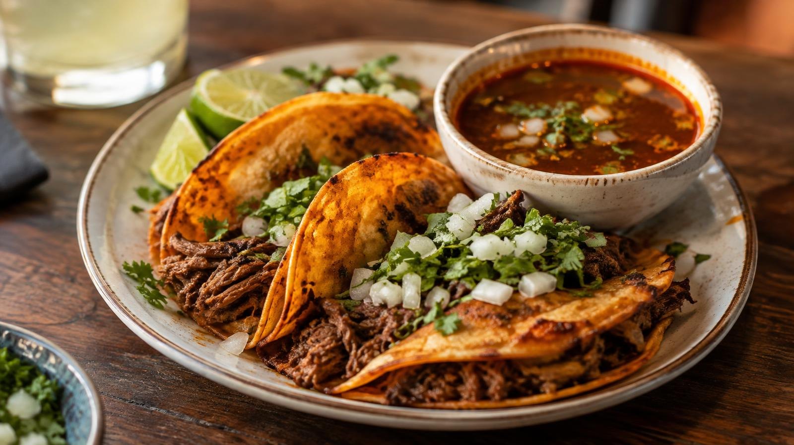 Birria tacos with a bowl of red consommé, garnished with diced onion and cilantro on a wooden table.