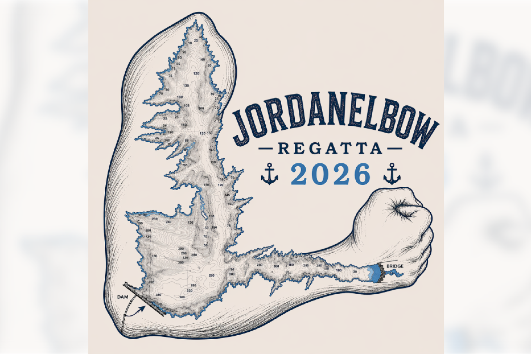 Illustrated arm shaped like a reservoir map, labeled Jordanelbow Regatta 2026 with anchor icons.