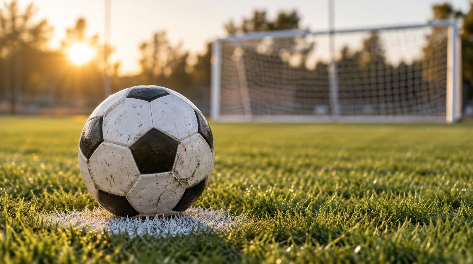A soccer ball on a white penalty spot on a green grass field with a goal net behind it.