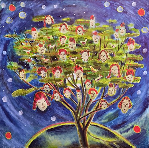 Colorful painting of a stylized tree with human faces as leaves against a night sky.