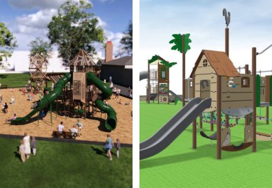 Two colorful computer-rendered playground design proposals shown side by side.