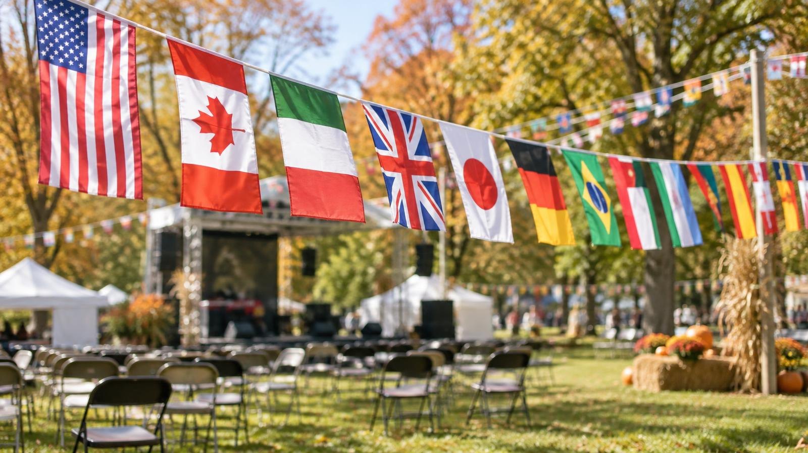 International flags and bunting strung over a grassy park lawn with a stage and empty chairs.