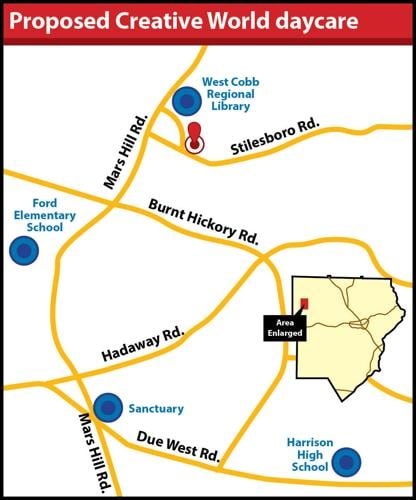 Road map of west Cobb County with a marker indicating the proposed daycare site near Stilesboro Road.