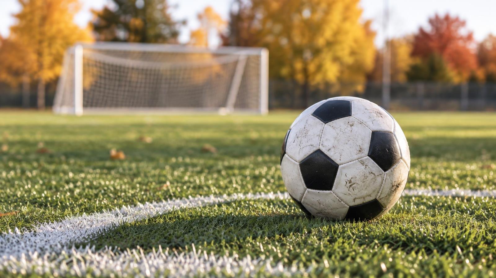 A soccer ball resting on the white center circle of a green grass field.