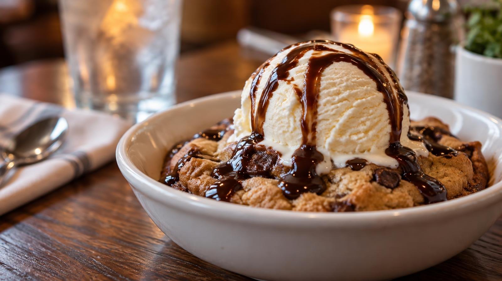 A chocolate chip cookie sundae topped with vanilla ice cream in a white bowl.