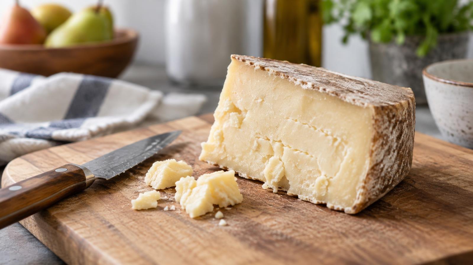 A wedge of artisan cheese on a wooden cutting board with a small knife.