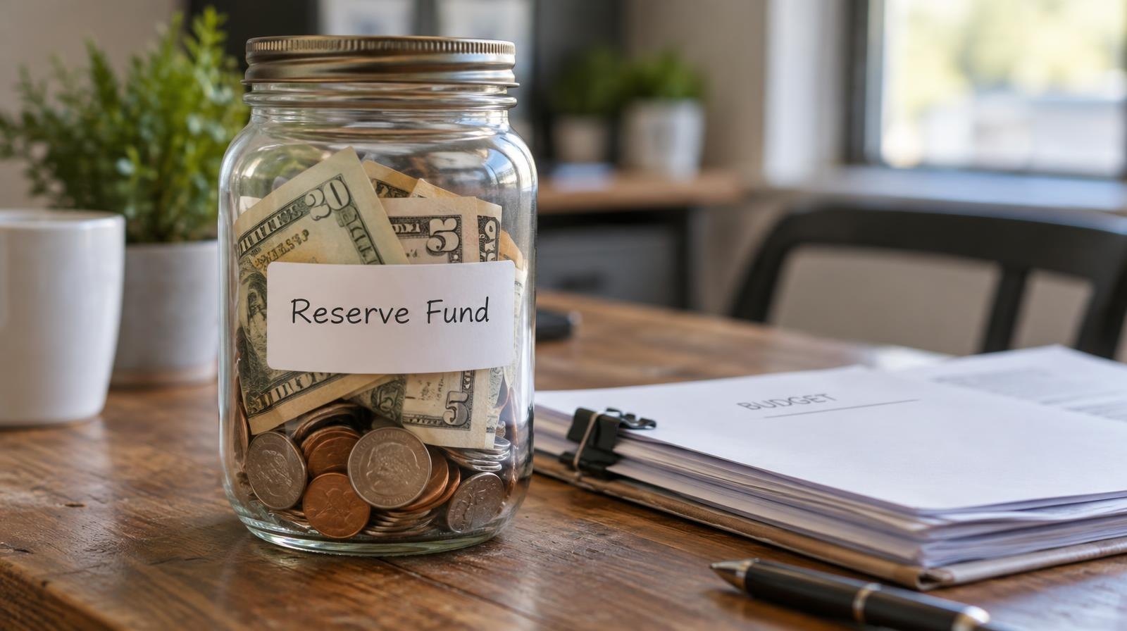 Glass jar filled with coins and paper money beside stacked documents on a wooden table.