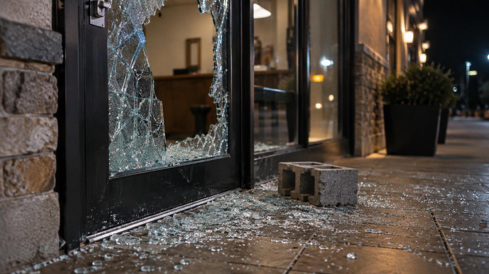 Broken glass storefront door with a cinderblock lying on the floor inside.