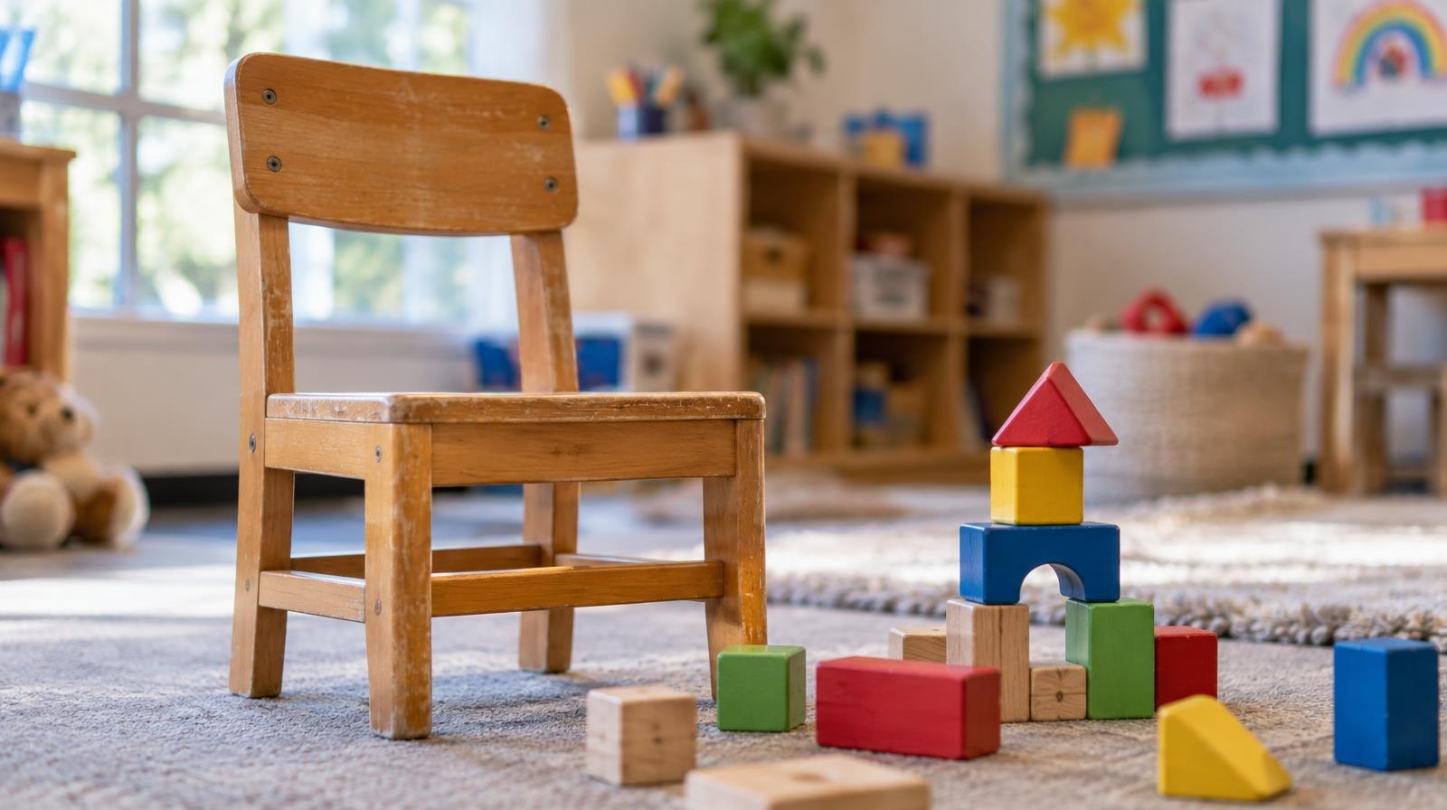Small wooden chair and colorful building blocks on a classroom floor.