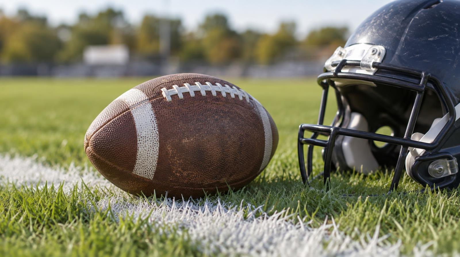 An American football and helmet resting on green grass beside a white yard line.