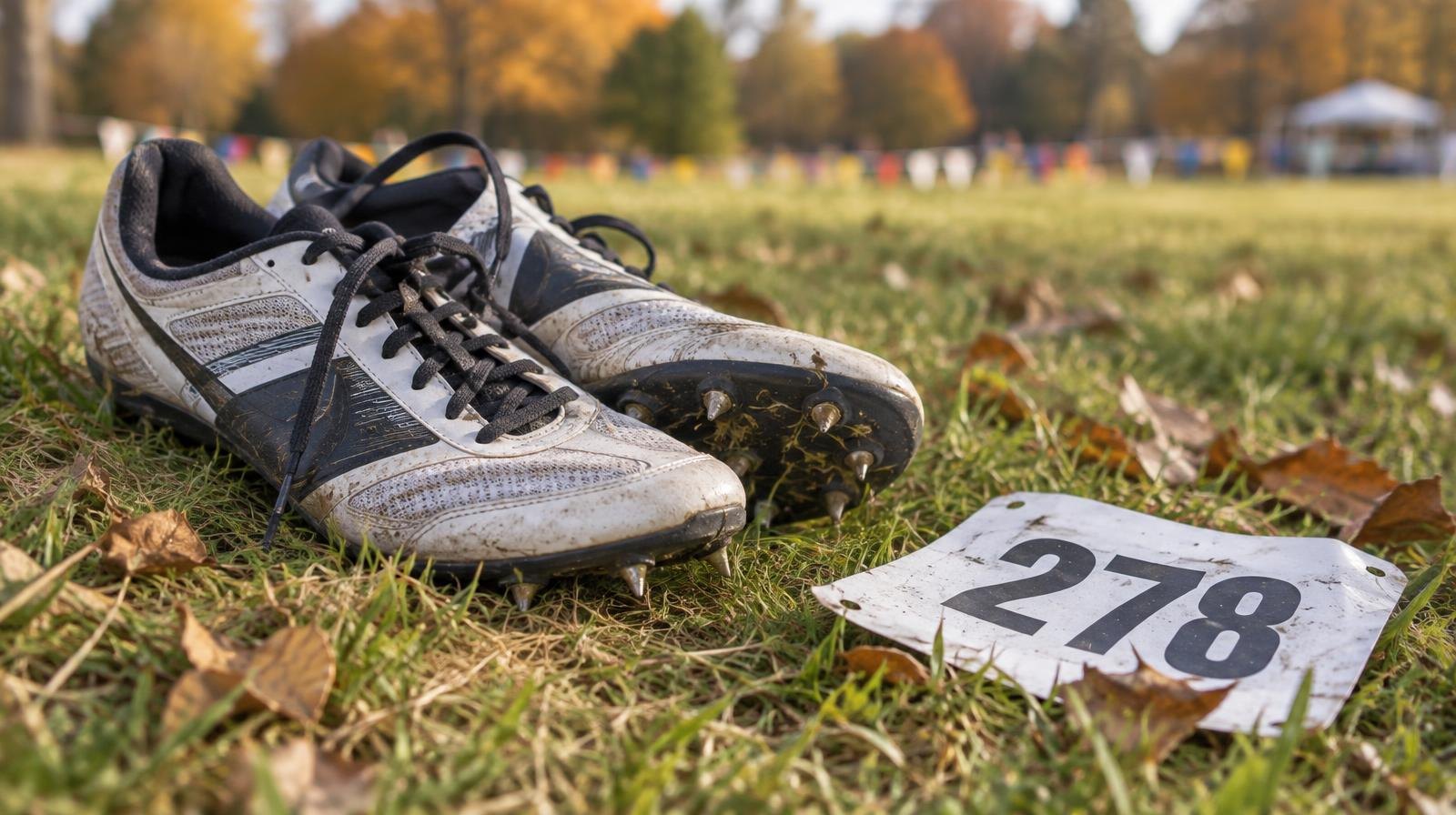 A pair of cross country running spikes on grass beside a race bib number.