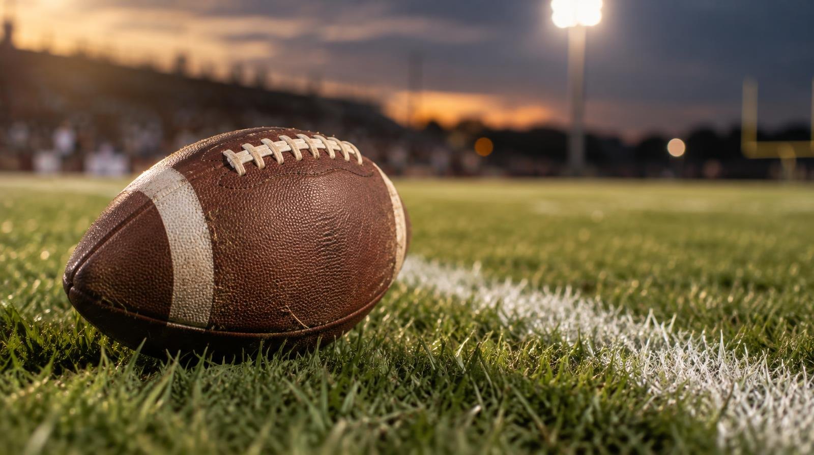 A brown football resting on green grass beside a white painted yard line.