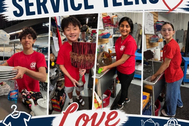 Four teenagers in matching red shirts working in a donation sorting facility.