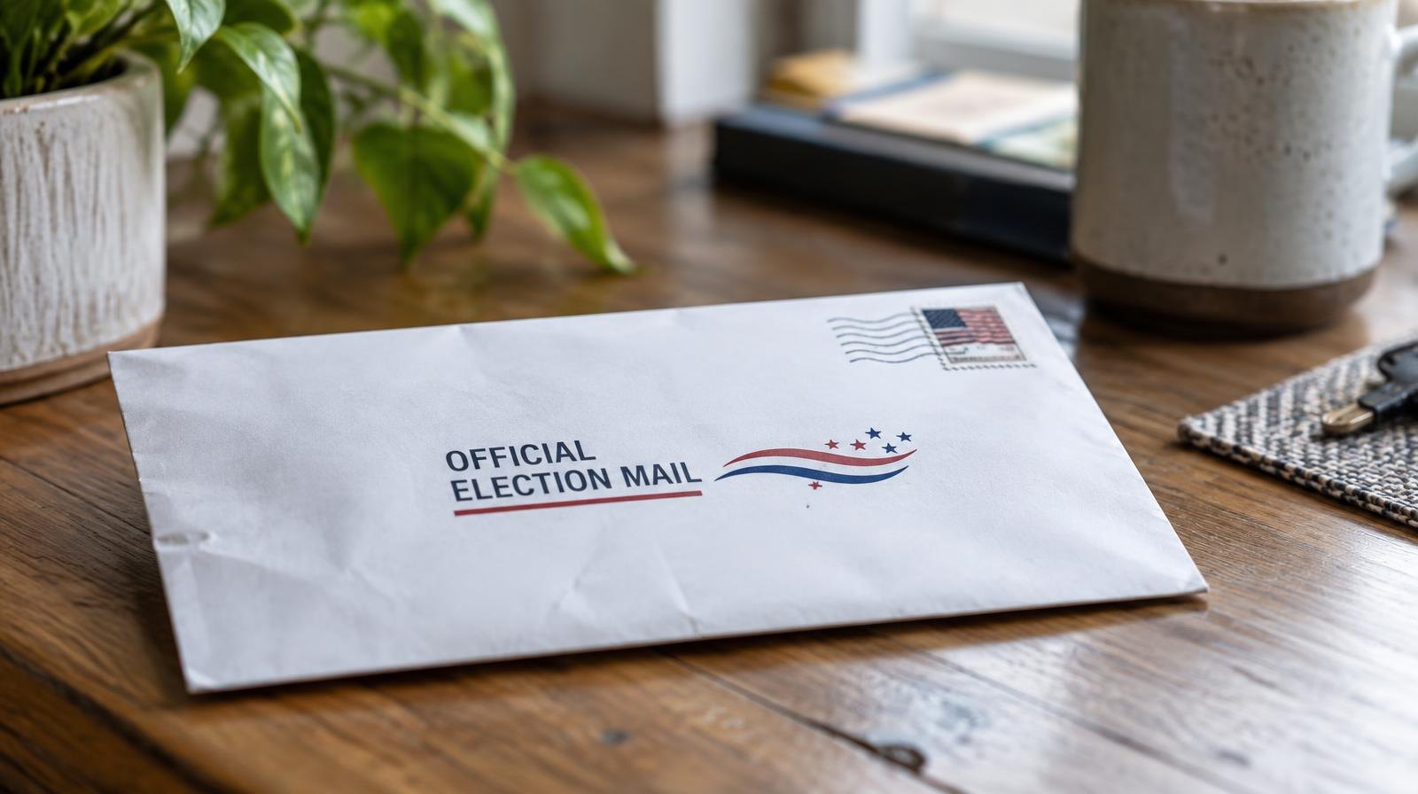 A sealed white election mail envelope next to a postmark stamp on a wooden surface.
