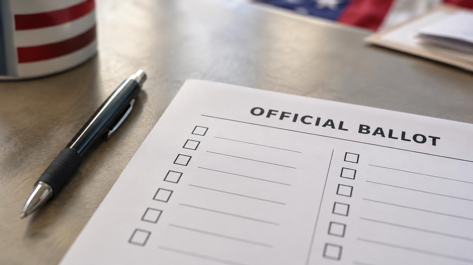 A blank election ballot rests on a flat surface beside a pen.
