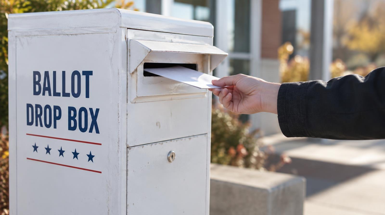 A white official election ballot drop box mounted outdoors with a mail slot.