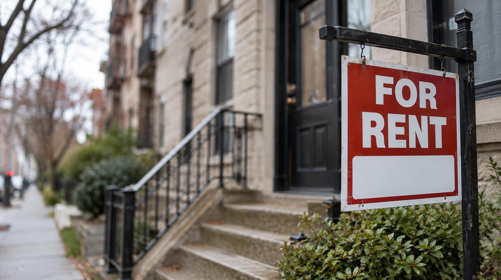 Exterior of a multi-story apartment building with a for-rent sign by the door.