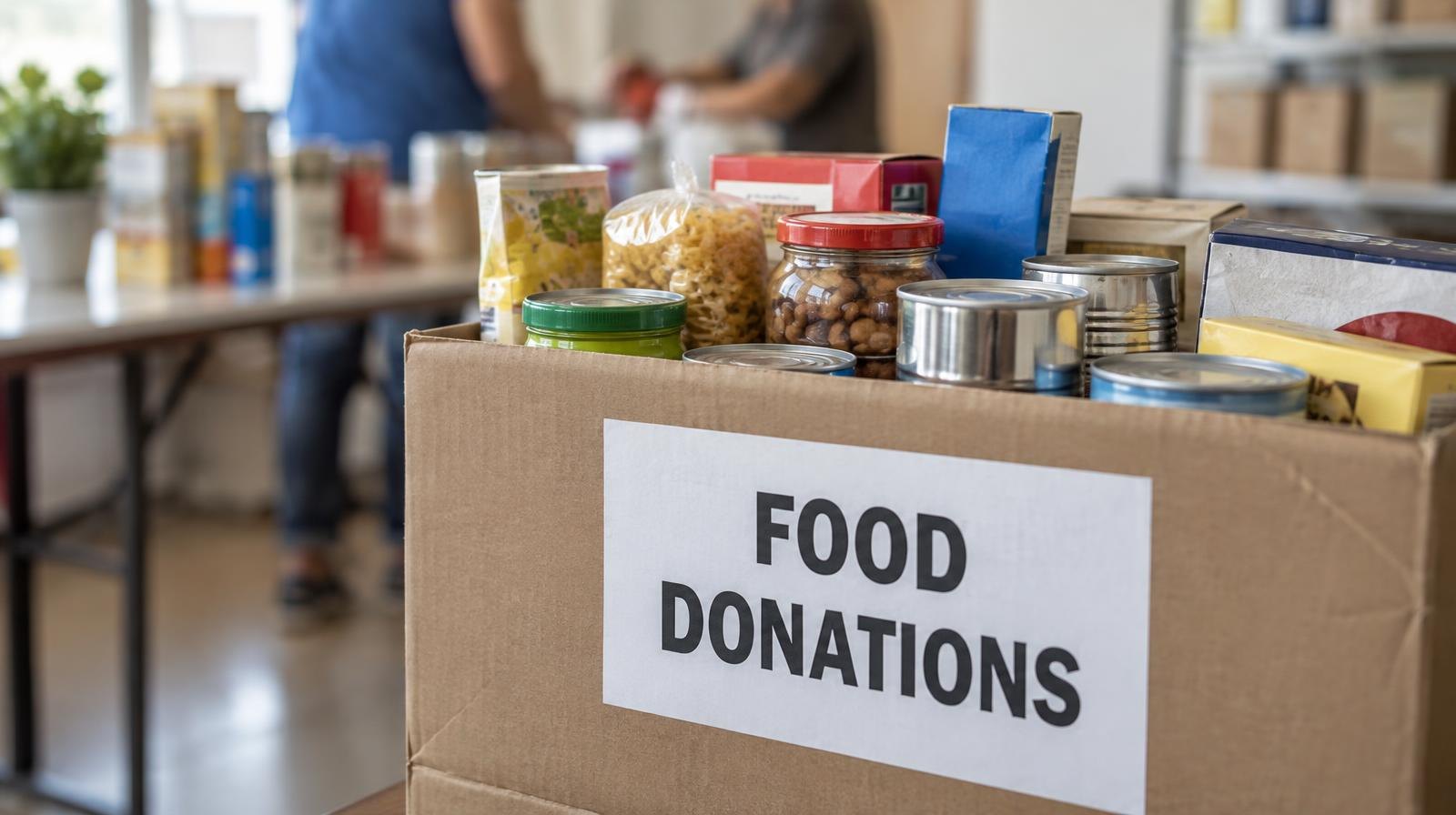 A cardboard box filled with canned and boxed nonperishable food items.
