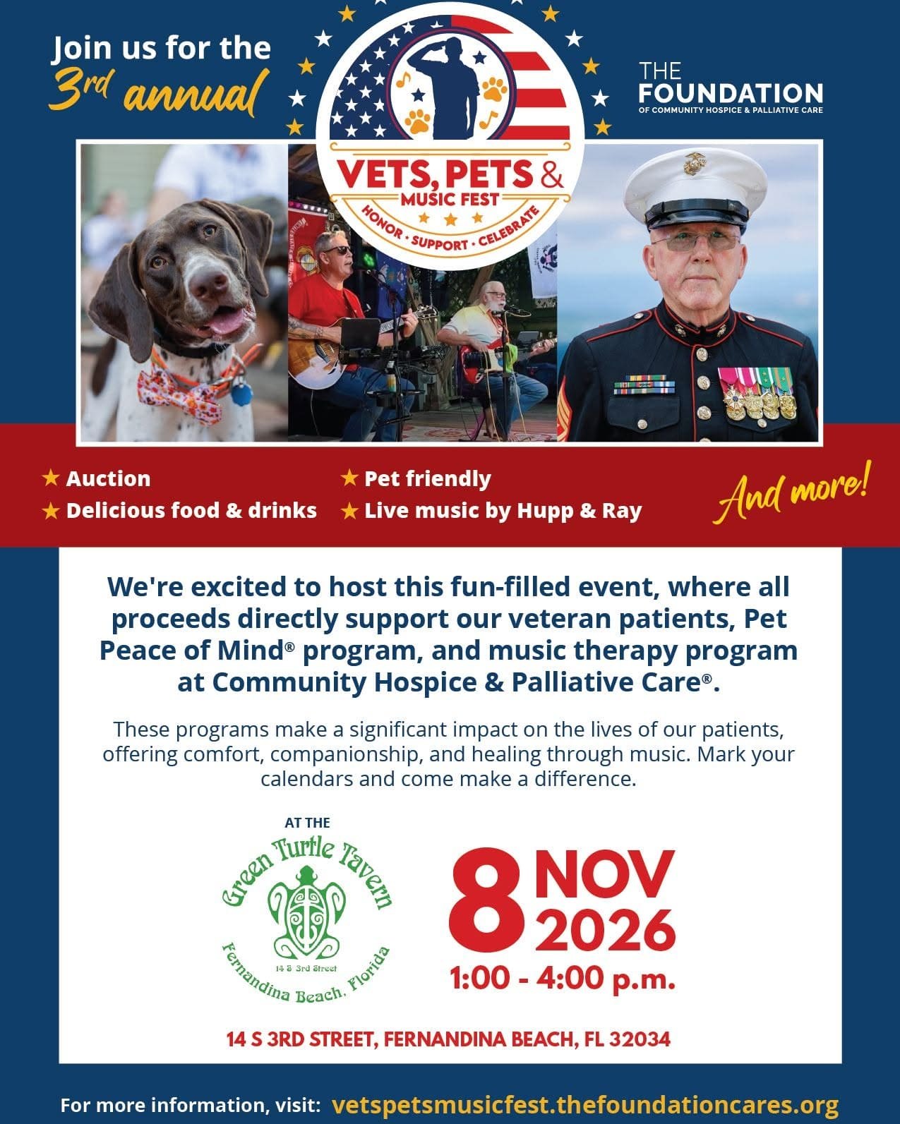 Event flyer showing a dog and a uniformed veteran with service medals.