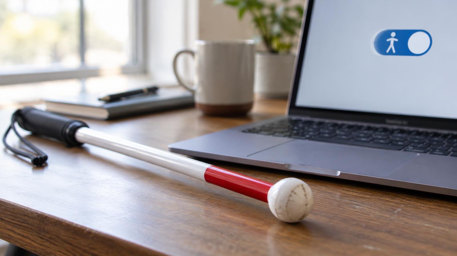 White cane resting beside a laptop keyboard on a desk.