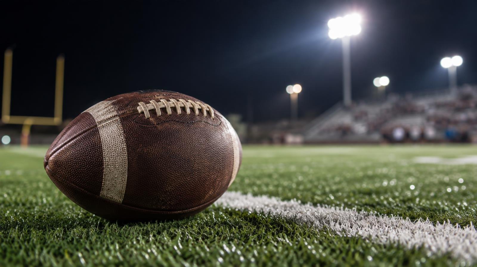 An American football on green artificial turf beside a white yard line under stadium lights.