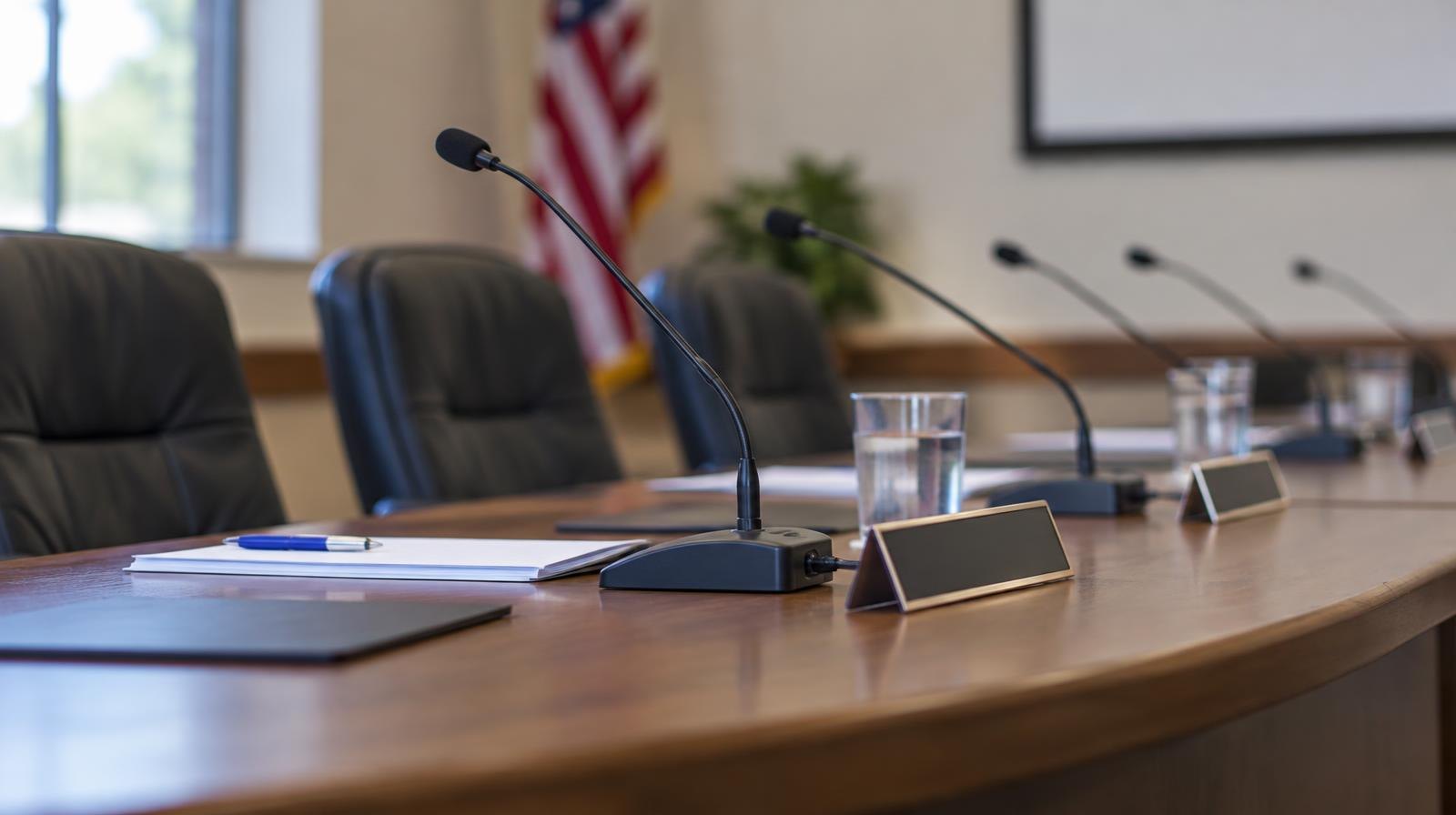 Empty conference table with microphones and name placards in a meeting room.