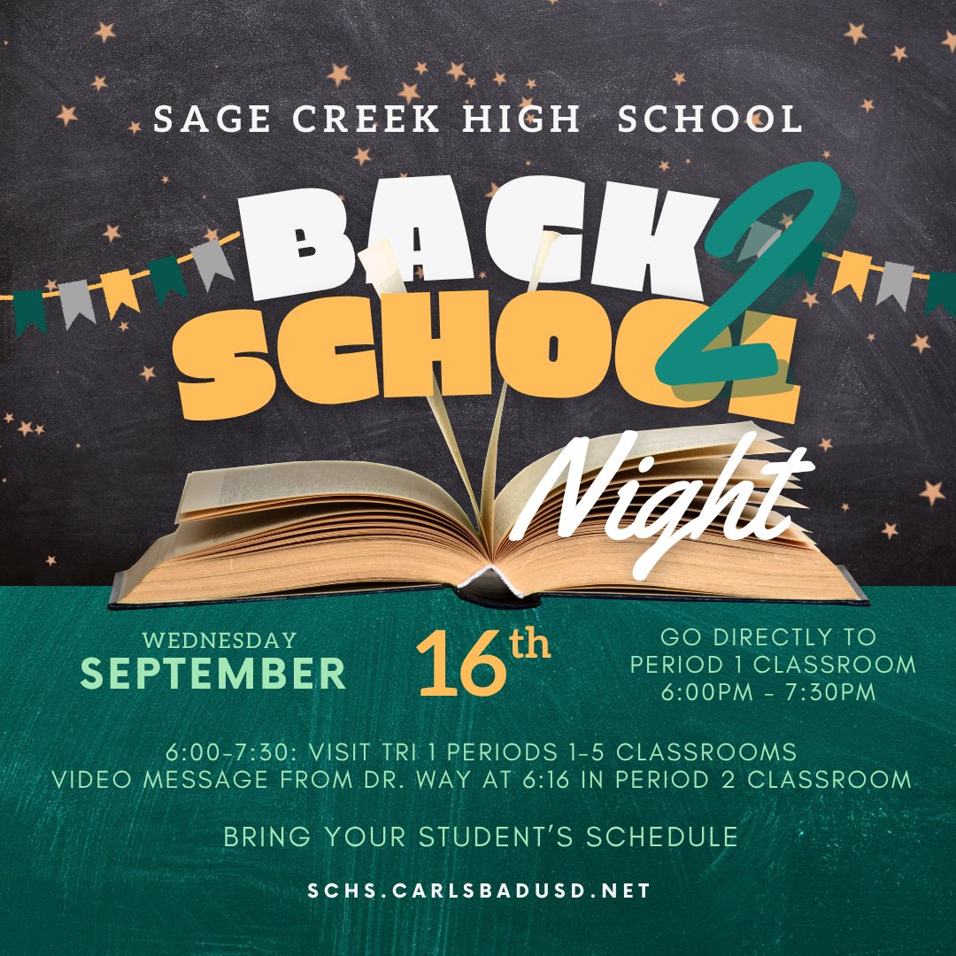 Flyer announcing Sage Creek High School Back to School Night on September 16 at 6 p.m.