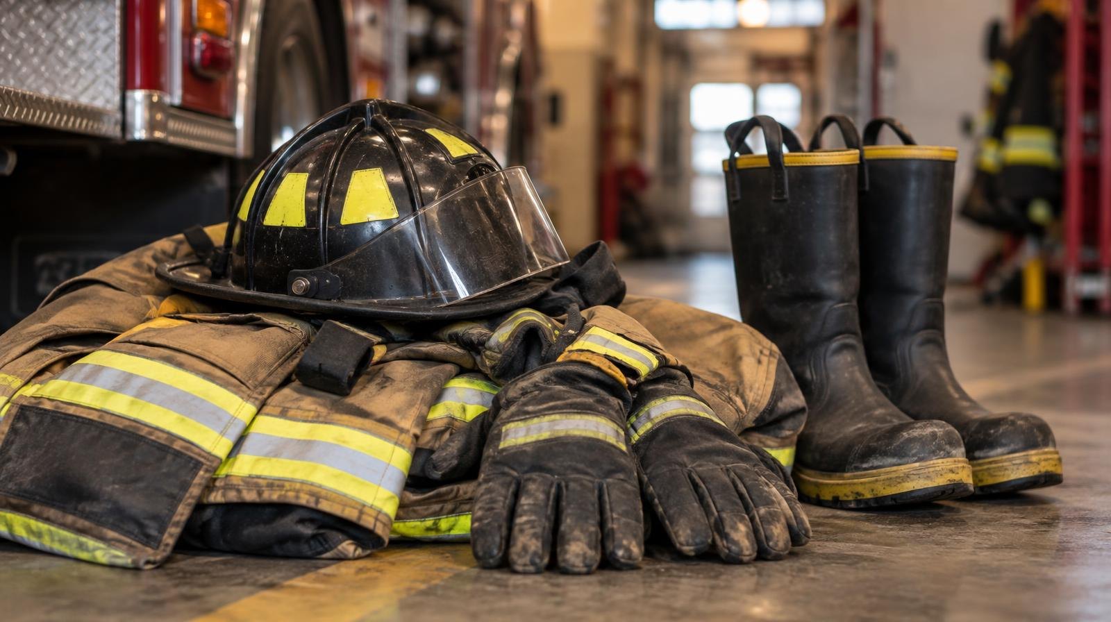Firefighter helmet, coat, gloves, and boots arranged on a station floor.