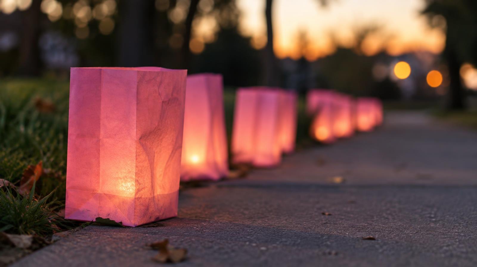 A row of glowing pink paper luminaries along a pathway at dusk.