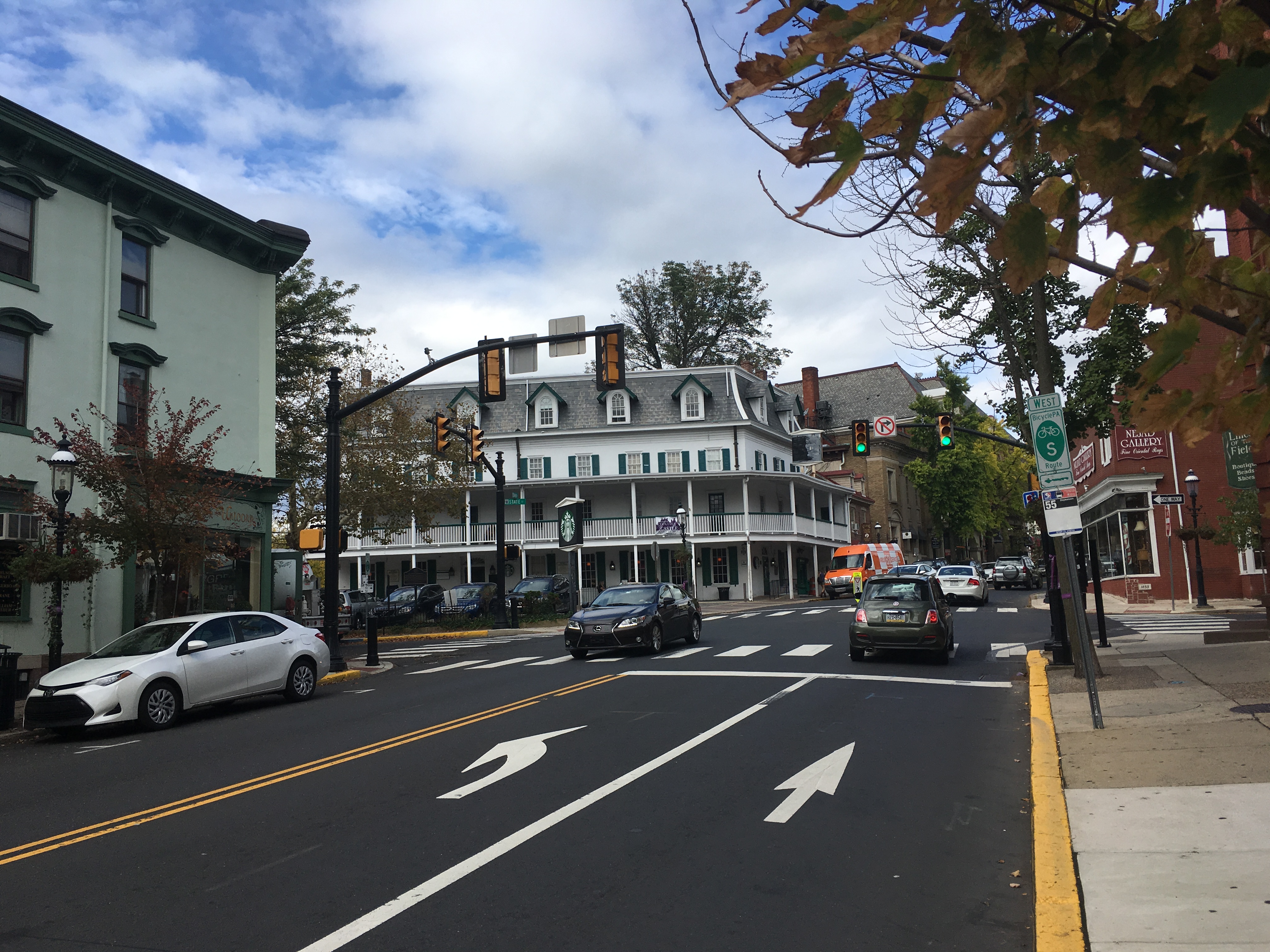 Street-level view of the Main and State Street intersection in downtown Doylestown.