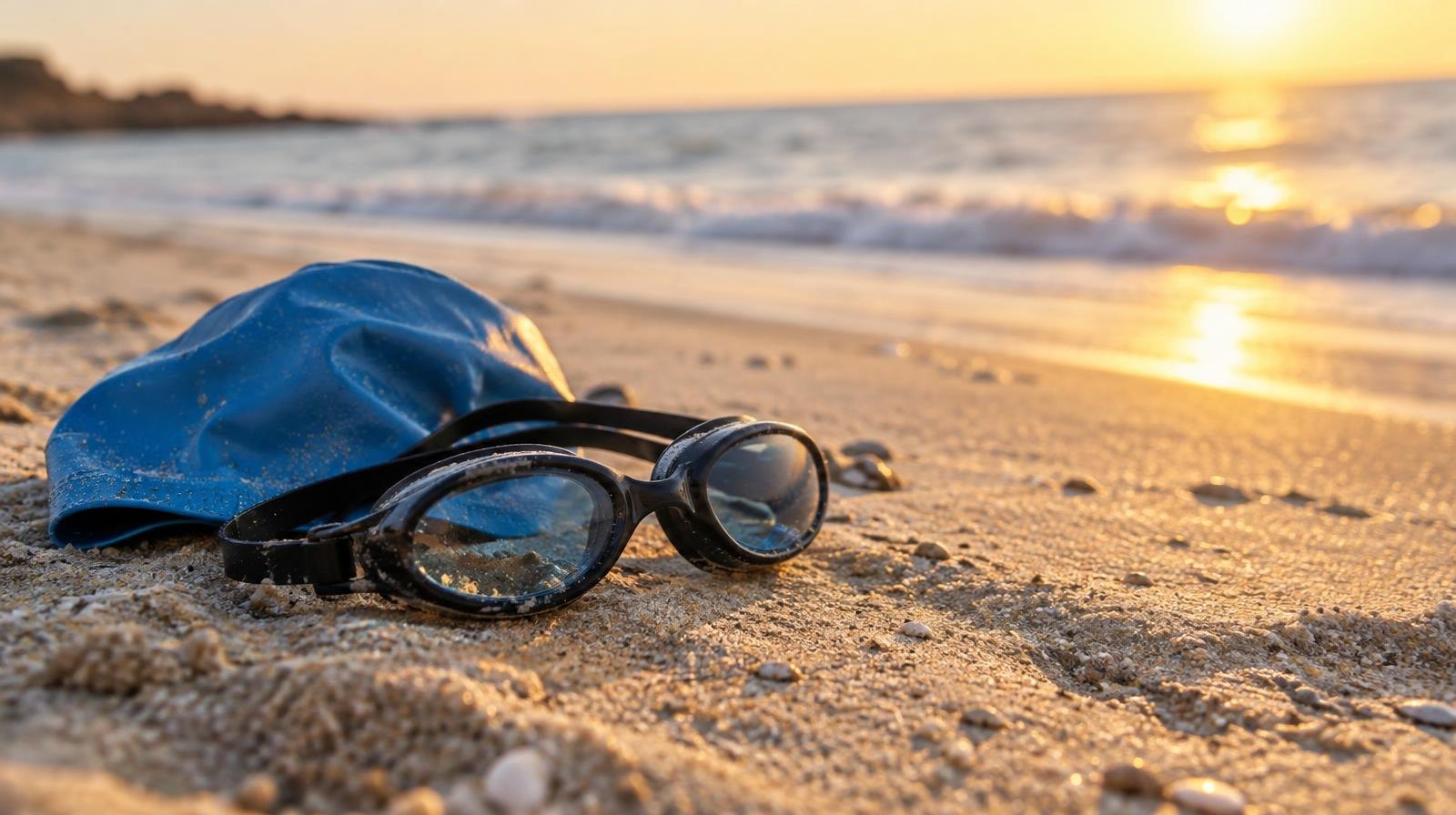 Swim goggles and a silicone cap resting on wet sand near the water.