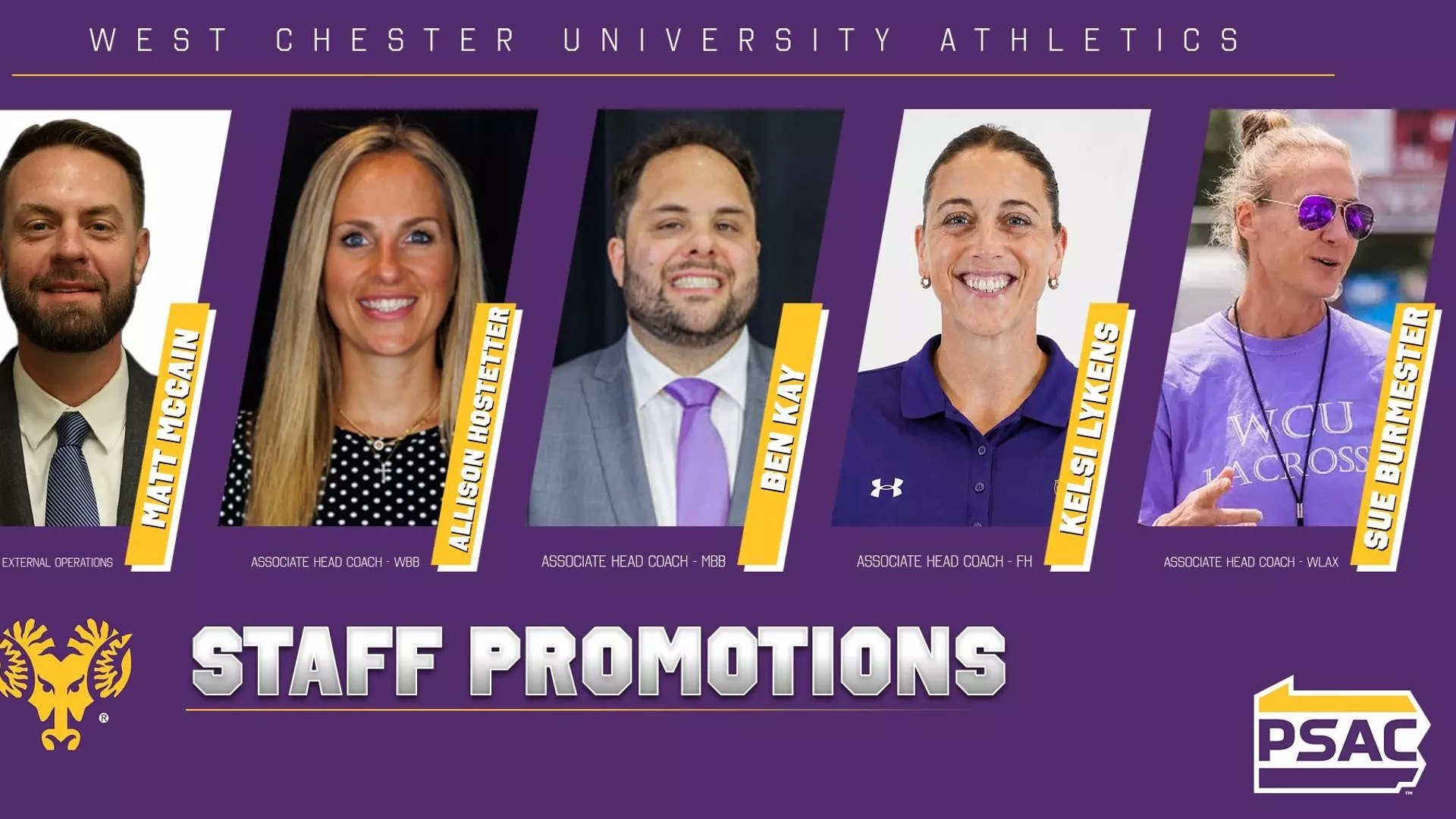 Promotional graphic showing headshots of five athletics staff members on a purple background.