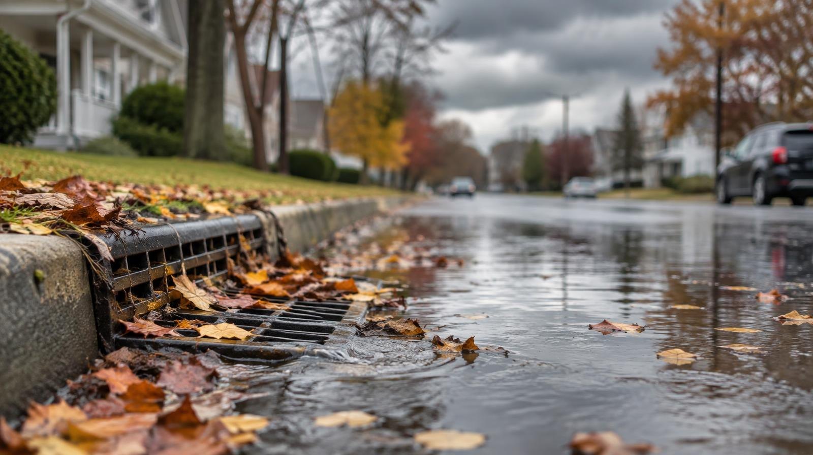 A flooded residential street with standing water, fallen leaves, and dark storm clouds overhead.