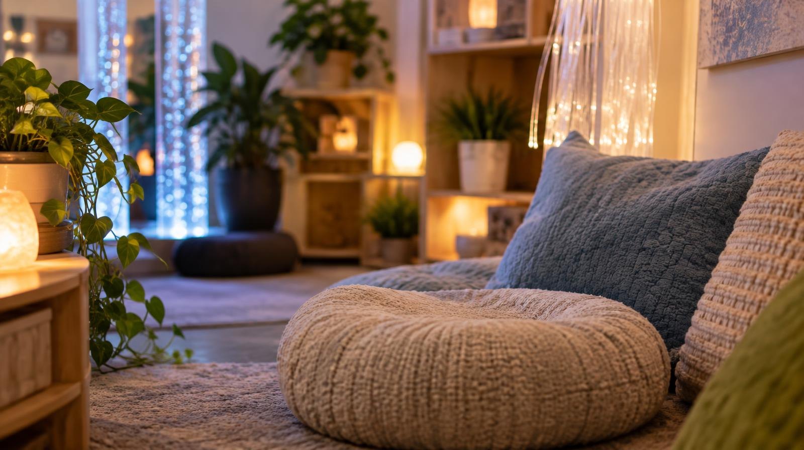 Softly lit room with fiber-optic lights, potted plants, and textured cushions.