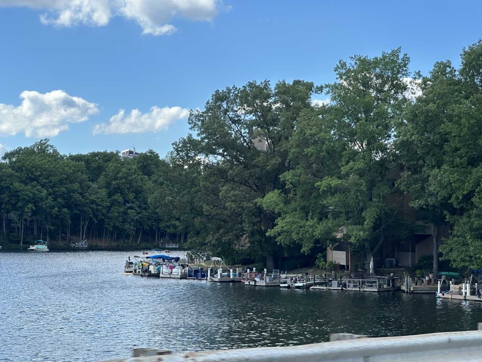 Several boats docked at piers along a tree-lined lake shoreline on a partly cloudy day.