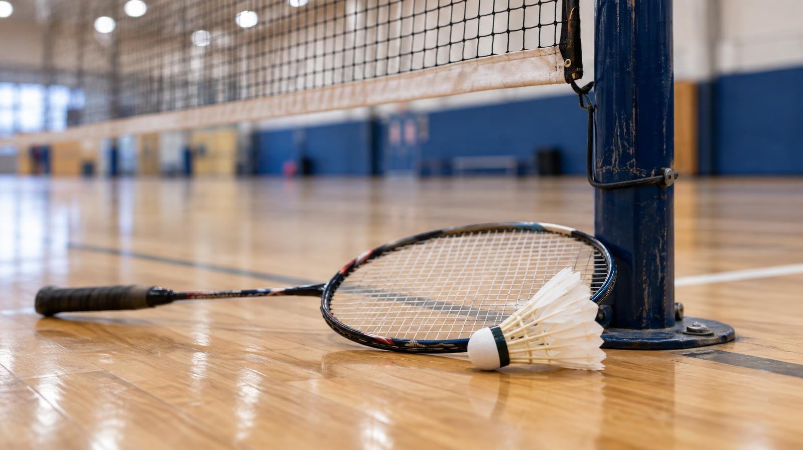A badminton racket and white shuttlecock on a wooden court floor near a net post.
