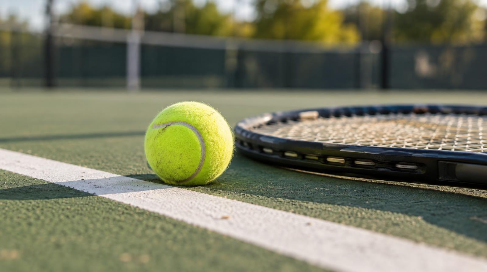 Yellow tennis ball and racket resting on a green hard court beside a white baseline.