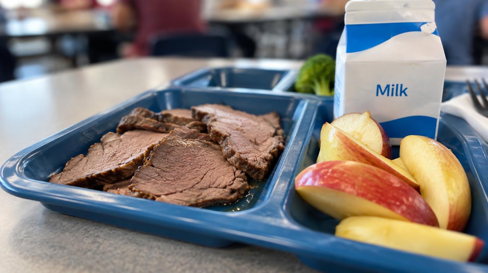 Overhead view of a school lunch tray with beef, apple slices, and a milk carton.