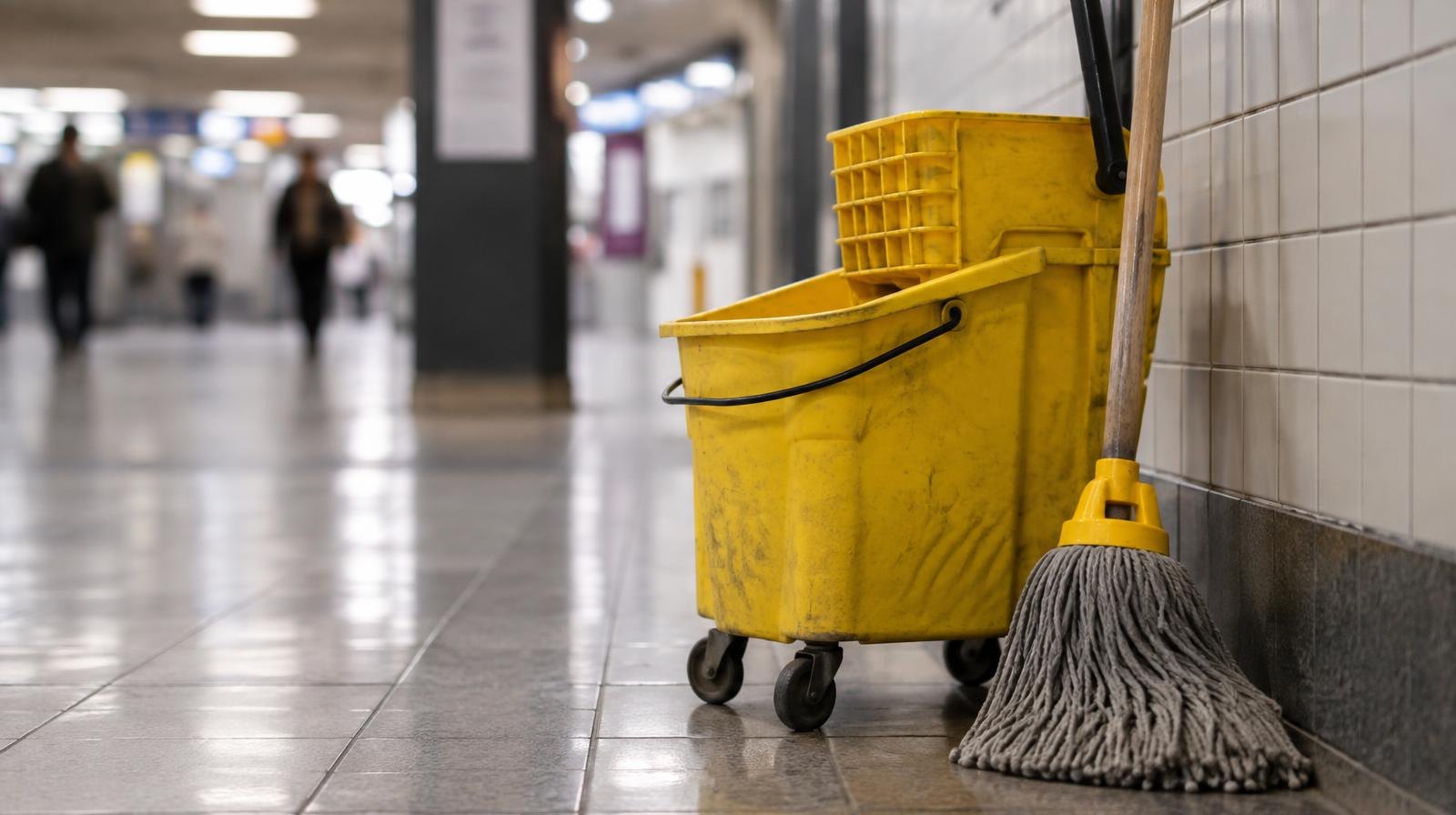 A yellow commercial mop bucket and mop leaning against a tiled wall under fluorescent lighting.